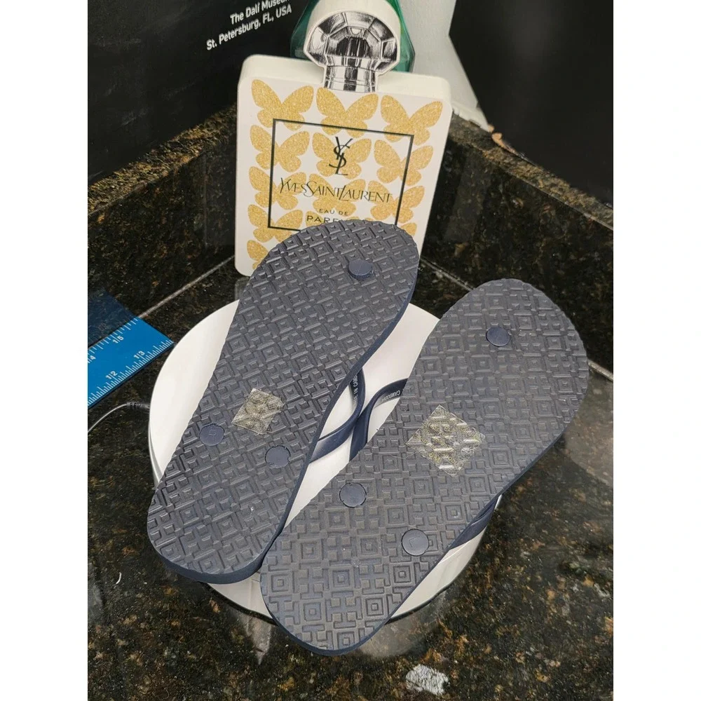 Tory Burch Flip Flops 8M Navy Multi Stripe Logo Thong Sandals Summer Beachwear